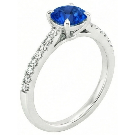 Anello con Zaffiro dello Sri Lanka Rotondo Gioielli Con Diamanti Naturali Autentici ( non creati in laboratorio ) Oro Bianco 14K