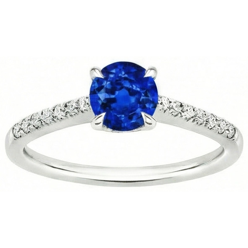 Anello con Zaffiro dello Sri Lanka Rotondo Gioielli Con Diamanti Naturali Autentici ( non creati in laboratorio ) Oro Bianco 14K