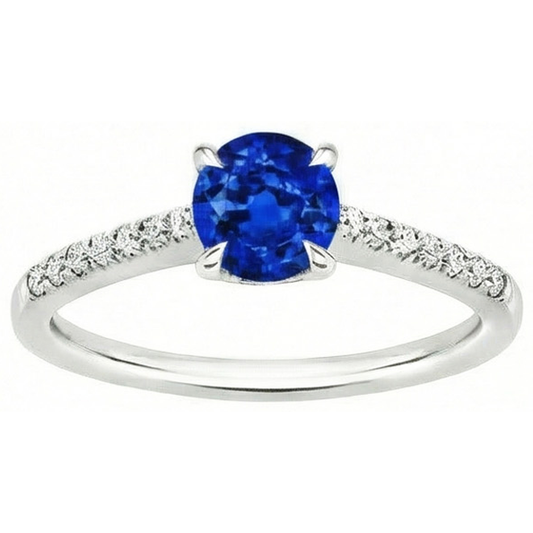 Anello con Zaffiro dello Sri Lanka Rotondo Gioielli Con Diamanti Naturali Autentici ( non creati in laboratorio ) Oro Bianco 14K