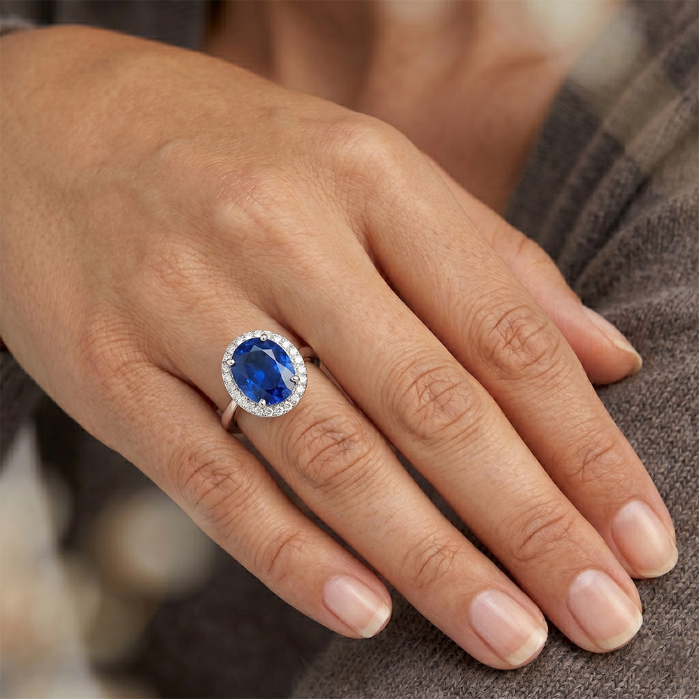 Anello con Zaffiro dello Sri Lanka ovale da 2,90 carati e Rotondo in oro 14K