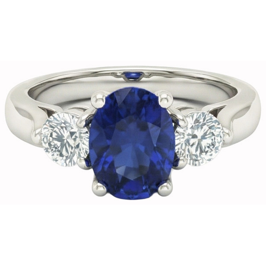 Anello con Zaffiro di Ceylon 3 Carati e Diamanti Naturali Autentici ( non creati in laboratorio ) in Oro Bianco 14K