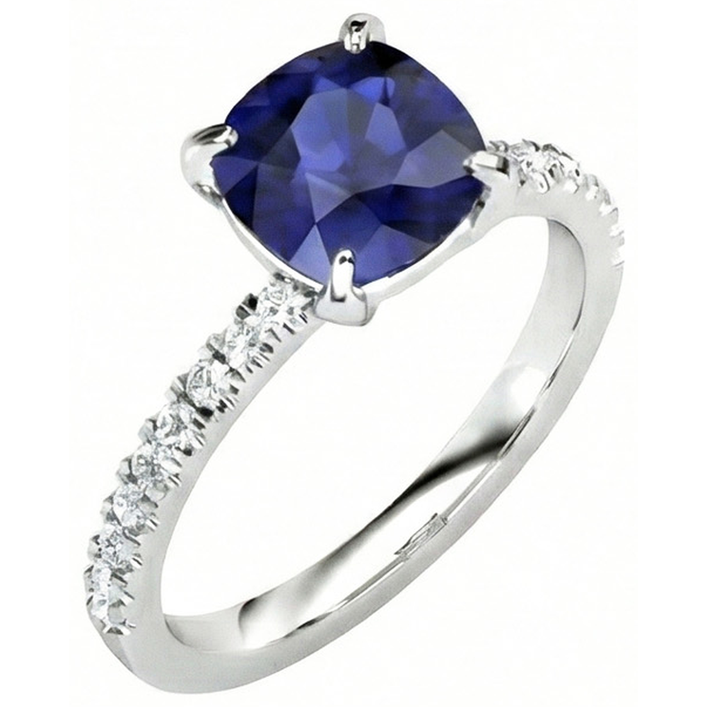 Anello con Zaffiro di Ceylon Cushion da 2,90 carati e Diamanti Naturali Autentici ( non creati in laboratorio ) in Oro Bianco 14K