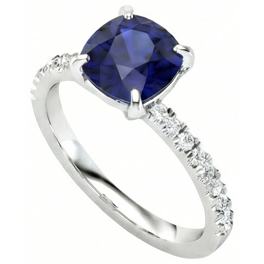 Anello con Zaffiro di Ceylon Cushion da 2,90 carati e Diamanti Naturali Autentici ( non creati in laboratorio ) in Oro Bianco 14K