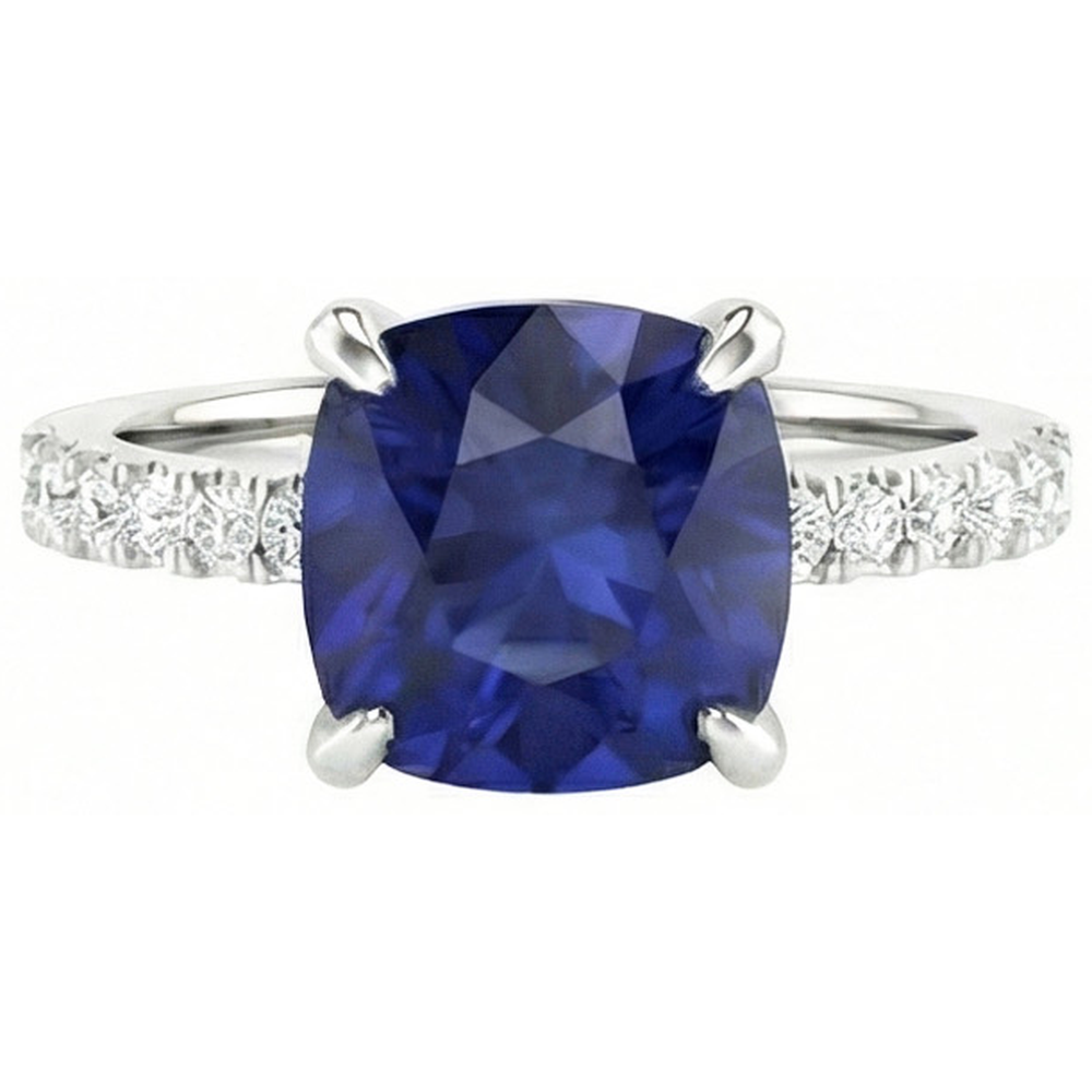 Anello con Zaffiro di Ceylon Cushion da 2,90 carati e Diamanti Naturali Autentici ( non creati in laboratorio ) in Oro Bianco 14K