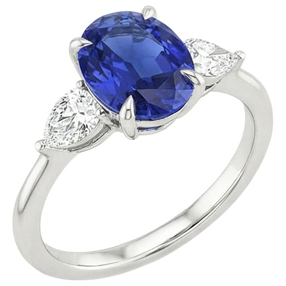 Anello con Zaffiro di Ceylon Taglio Ovale da 3,50 Carati e Tre Pietre di Diamanti Naturali Autentici ( non creati in laboratorio )
