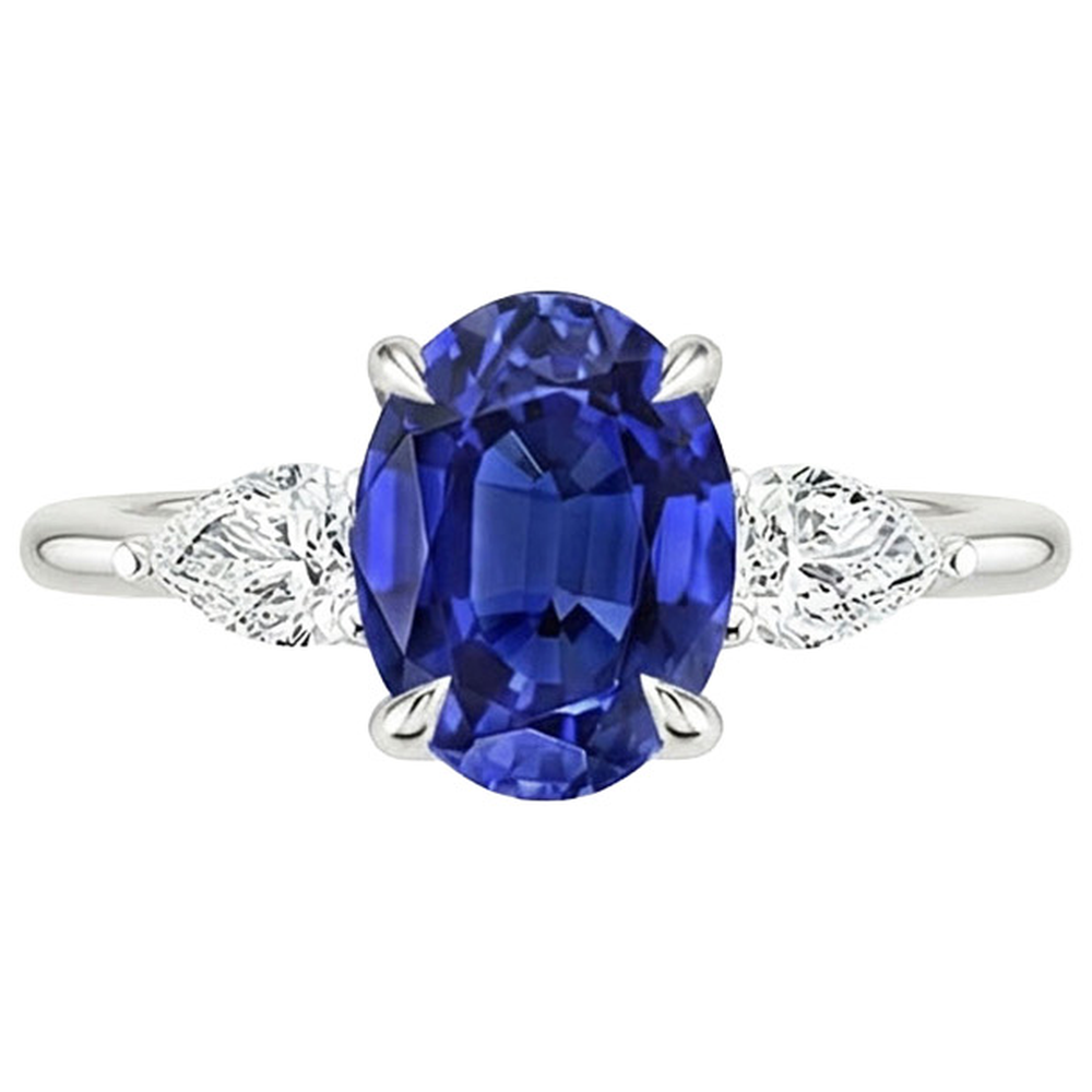 Anello con Zaffiro di Ceylon Taglio Ovale da 3,50 Carati e Tre Pietre di Diamanti Naturali Autentici ( non creati in laboratorio )