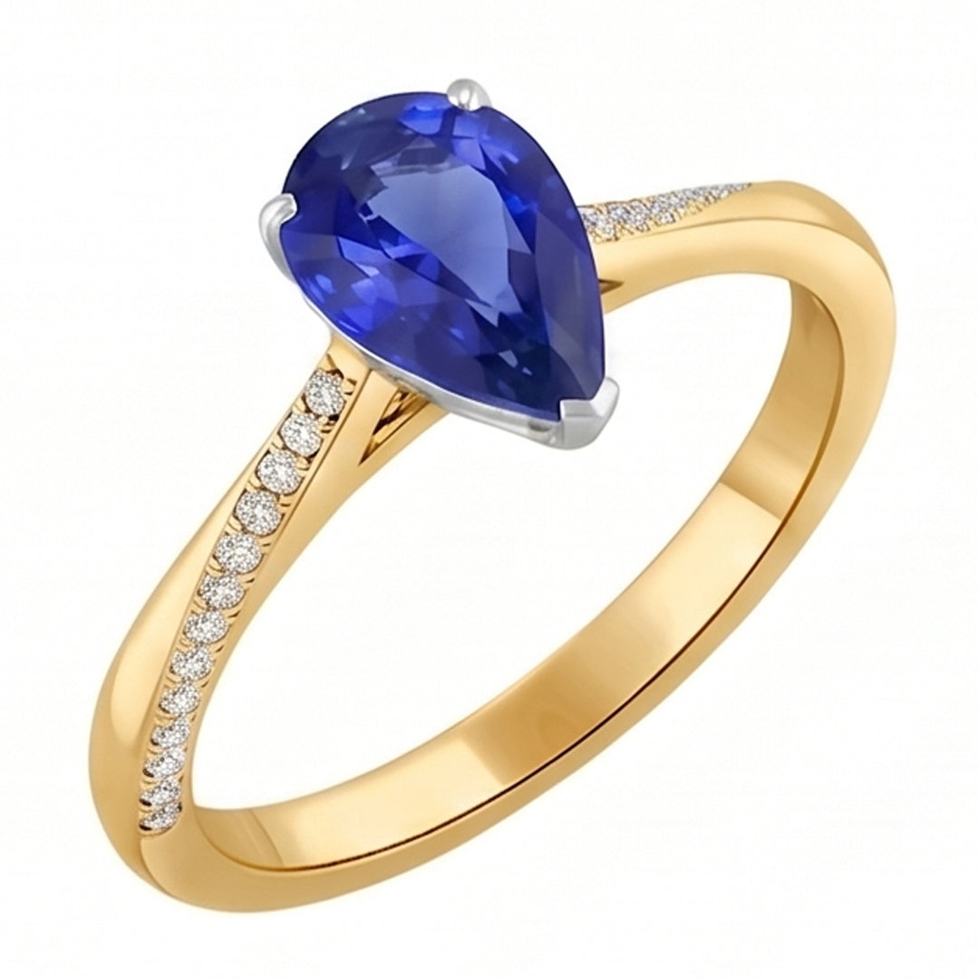 Anello con Zaffiro di Ceylon a forma di pera da 2,50 carati e diamante in oro 14K