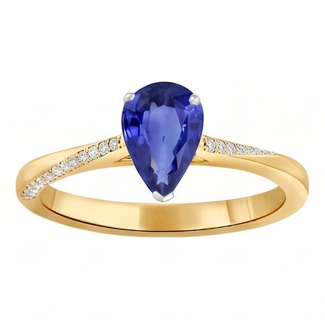 Anello con Zaffiro di Ceylon a forma di pera da 2,50 carati e diamante in oro 14K