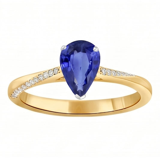 Anello con Zaffiro di Ceylon a forma di pera da 2,50 carati e diamante in oro 14K