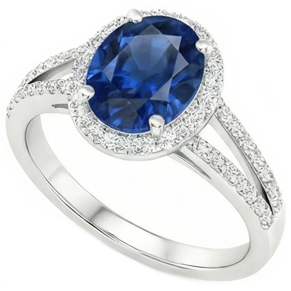 Anello con accenti di zaffiro blu ovale da 3,50 carati e diamanti in oro bianco 14 carati