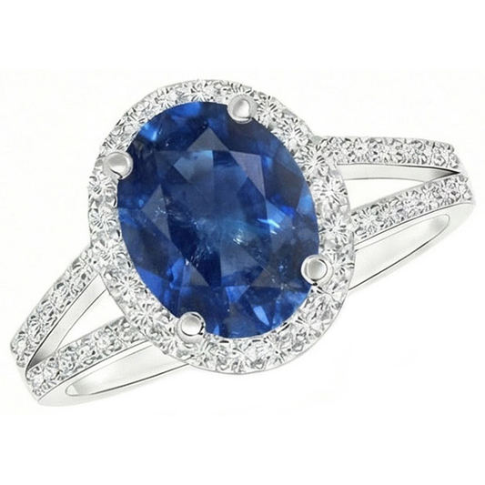 Anello con accenti di zaffiro blu ovale da 3,50 carati e diamanti in oro bianco 14 carati