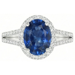 Anello con accenti di zaffiro blu ovale da 3,50 carati e diamanti in oro bianco 14 carati