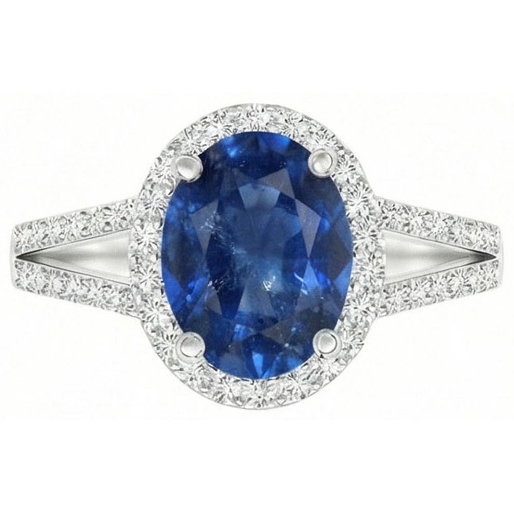 Anello con accenti di zaffiro blu ovale da 3,50 carati e diamanti in oro bianco 14 carati