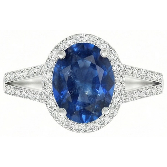 Anello con accenti di zaffiro blu ovale da 3,50 carati e diamanti in oro bianco 14 carati