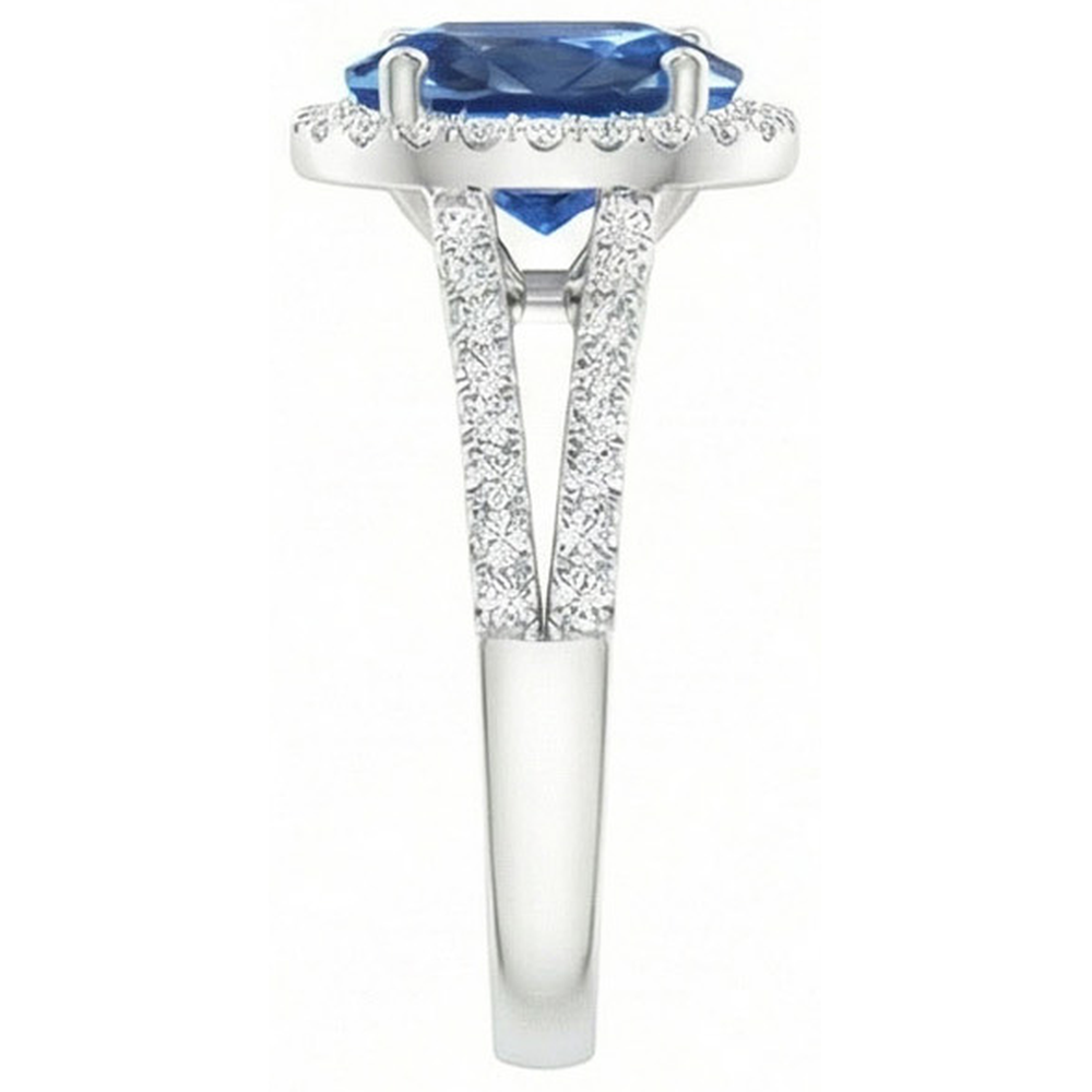 Anello con accenti di zaffiro blu ovale da 3,50 carati e diamanti in oro bianco 14 carati