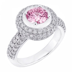 Anello con alone rosa rotondo da 3.21 ct con pietre preziose in oro bianco