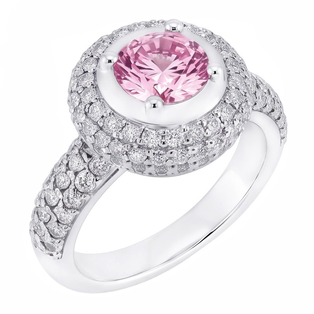 Anello con alone rosa rotondo da 3.21 ct con pietre preziose in oro bianco