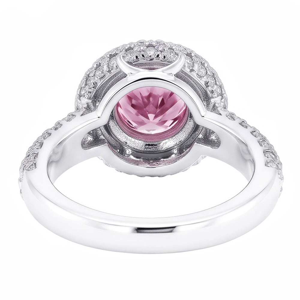 Anello con alone rosa rotondo da 3.21 ct con pietre preziose in oro bianco