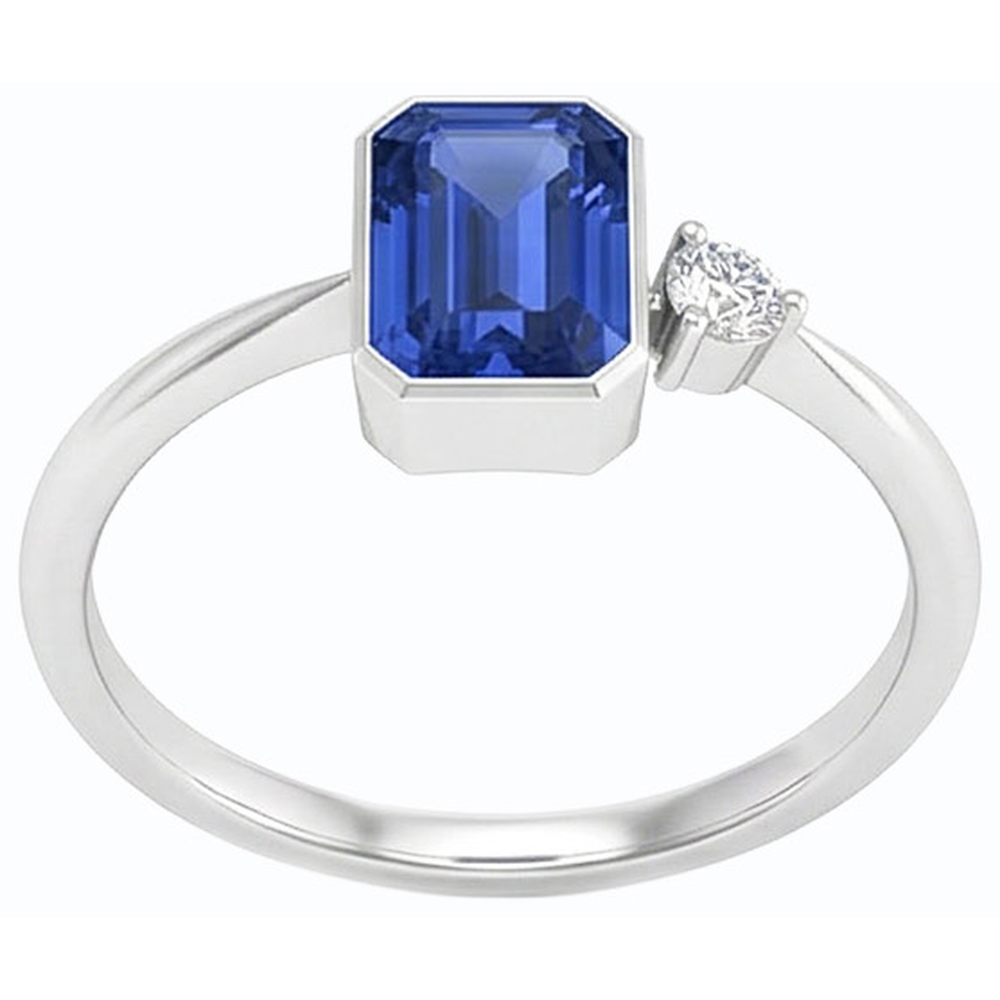 Anello con castone con diamanti rotondi incastonato con zaffiro blu. gambo affusolato da 1.75 carati