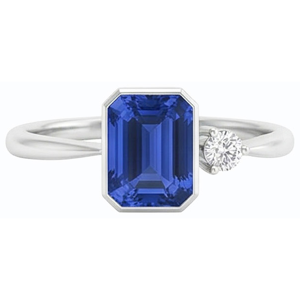Anello con castone con diamanti rotondi incastonato con zaffiro blu. gambo affusolato da 1.75 carati