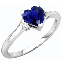 Anello con cuore 1,75 carati zaffiro blu e piccoli diamanti tondi 3 pietre in oro bianco 14K