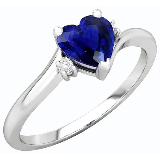 Anello con cuore 1,75 carati zaffiro blu e piccoli diamanti tondi 3 pietre in oro bianco 14K