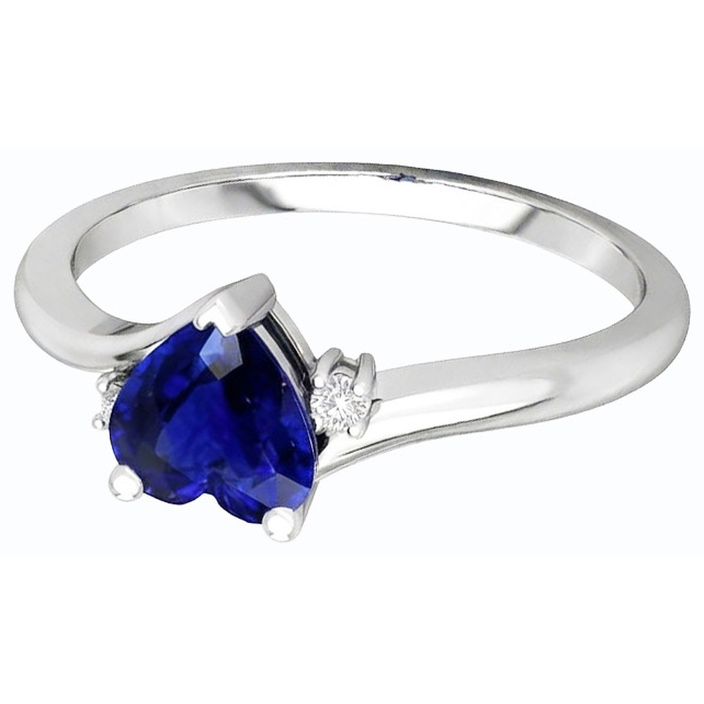 Anello con cuore 1,75 carati zaffiro blu e piccoli diamanti tondi 3 pietre in oro bianco 14K