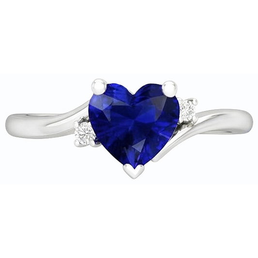 Anello con cuore 1,75 carati zaffiro blu e piccoli diamanti tondi 3 pietre in oro bianco 14K