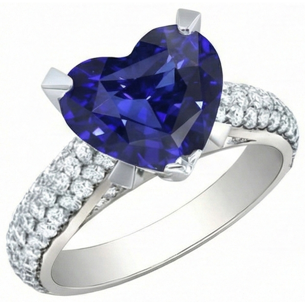 Anello con cuore 5 carati Zaffiro blu e gioielli con diamanti in oro bianco 14k