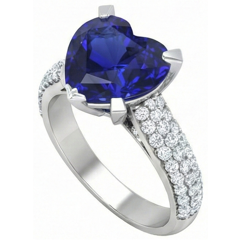 Anello con cuore 5 carati Zaffiro blu e gioielli con diamanti in oro bianco 14k