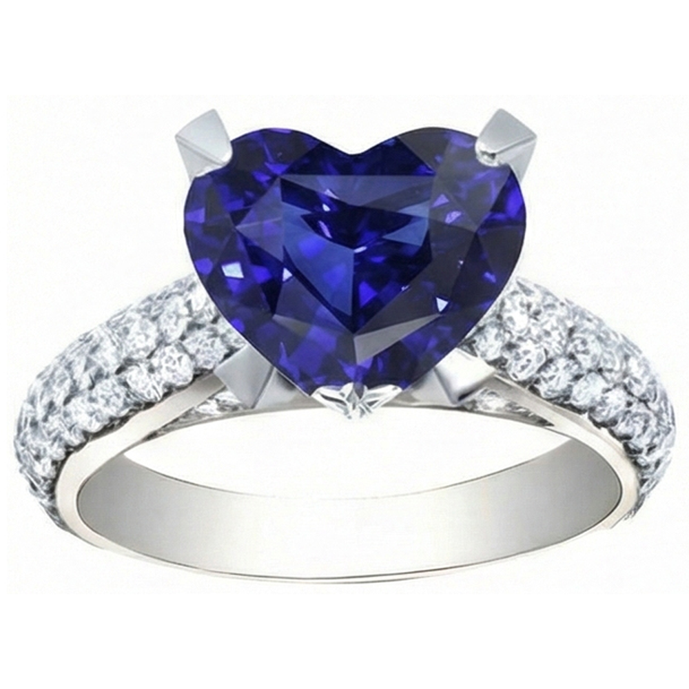 Anello con cuore 5 carati Zaffiro blu e gioielli con diamanti in oro bianco 14k