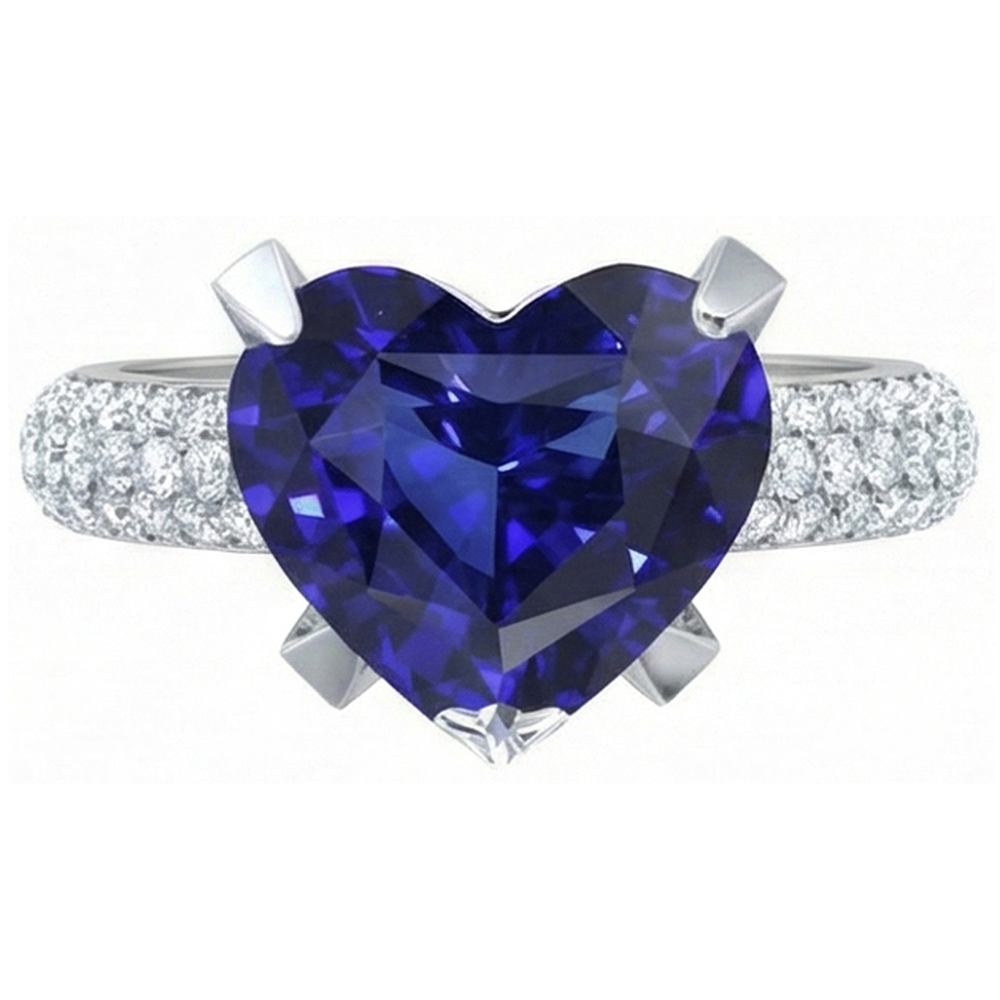 Anello con cuore 5 carati Zaffiro blu e gioielli con diamanti in oro bianco 14k