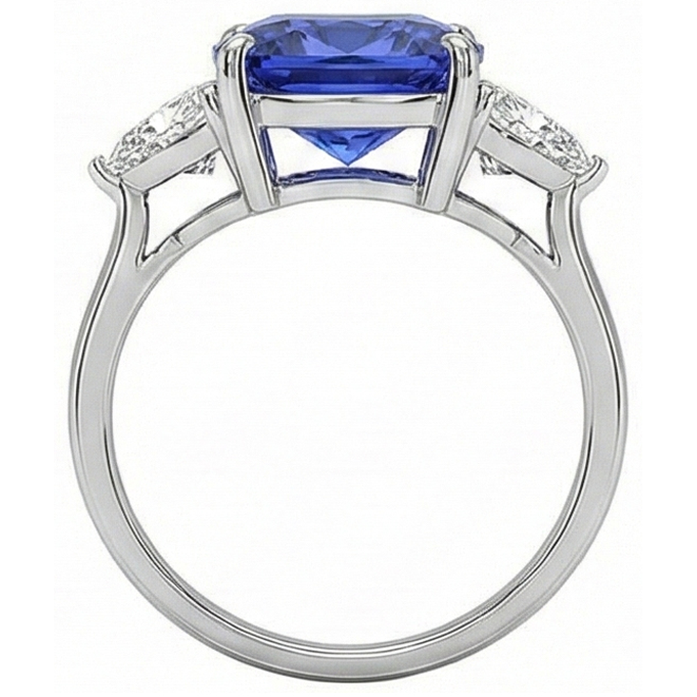 Anello con cuscino 3 carati Zaffiro blu di Ceylon e diamante 3 pietre in oro bianco 14K