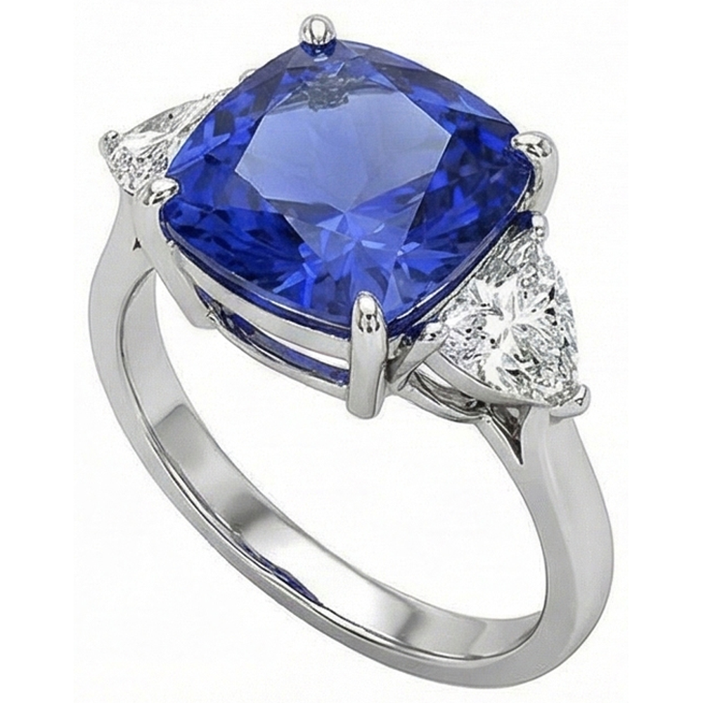 Anello con cuscino 3 carati Zaffiro blu di Ceylon e diamante 3 pietre in oro bianco 14K