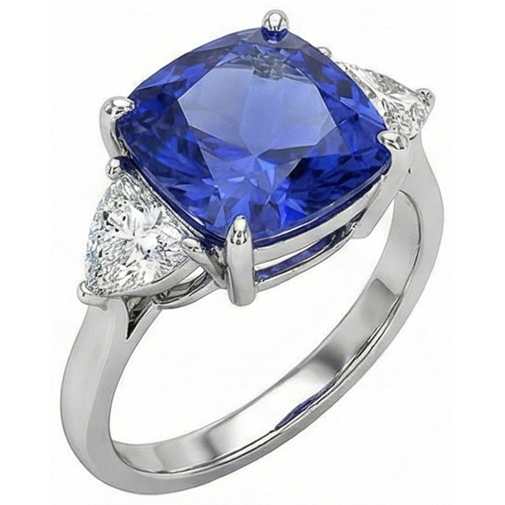 Anello con cuscino 3 carati Zaffiro blu di Ceylon e diamante 3 pietre in oro bianco 14K