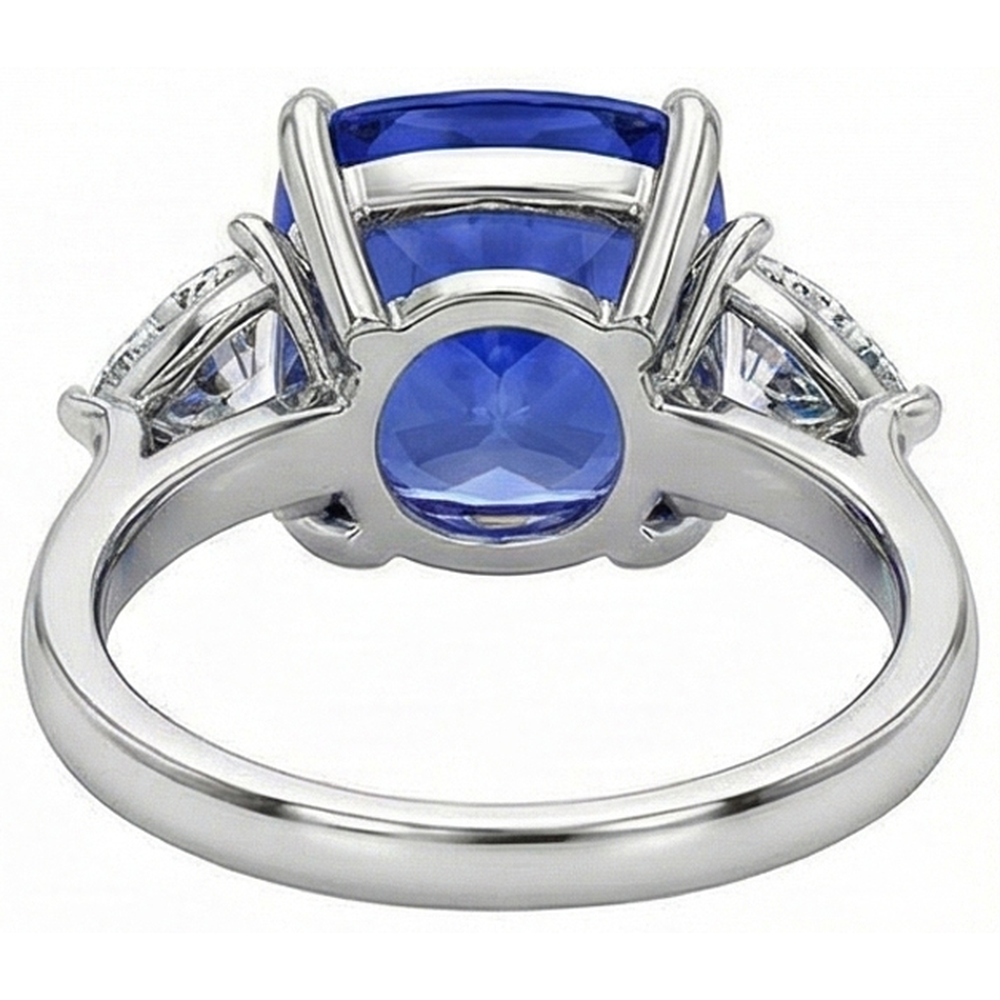 Anello con cuscino 3 carati Zaffiro blu di Ceylon e diamante 3 pietre in oro bianco 14K