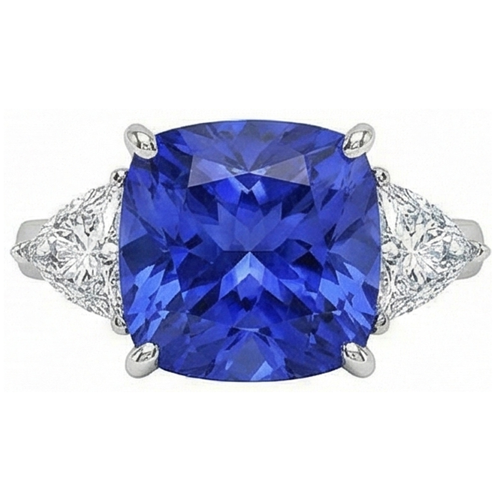 Anello con cuscino 3 carati Zaffiro blu di Ceylon e diamante 3 pietre in oro bianco 14K