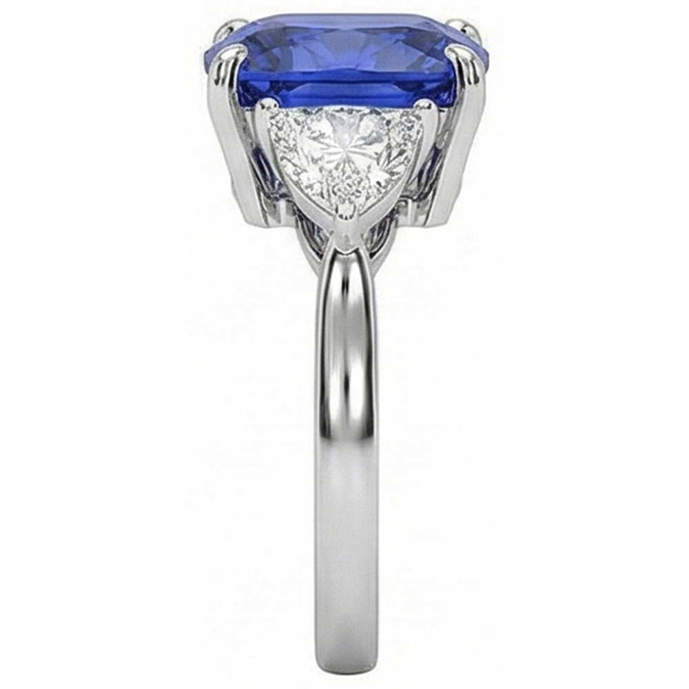 Anello con cuscino 3 carati Zaffiro blu di Ceylon e diamante 3 pietre in oro bianco 14K