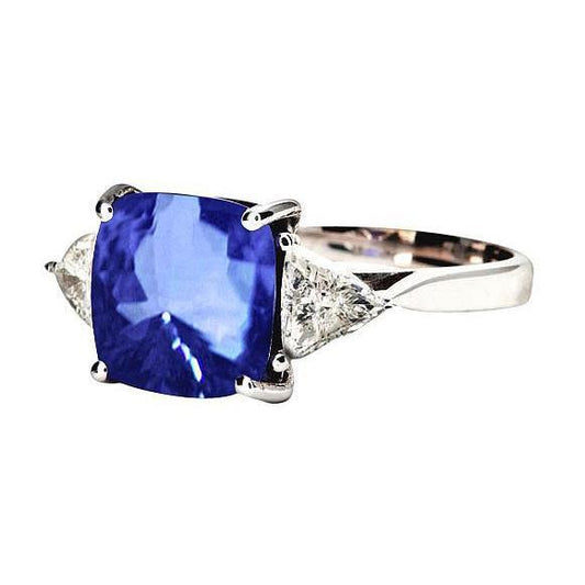 Cuscino in oro bianco Anello con 3 pietre e zaffiro blu di Ceylon con diamante 3 carati - harrychadent.it