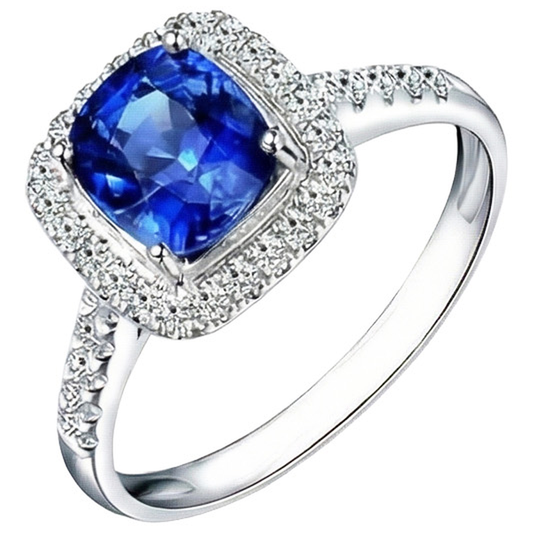 Anello con cuscino 4,30 carati zaffiro blu di Ceylon e diamanti tondi in oro bianco 14K
