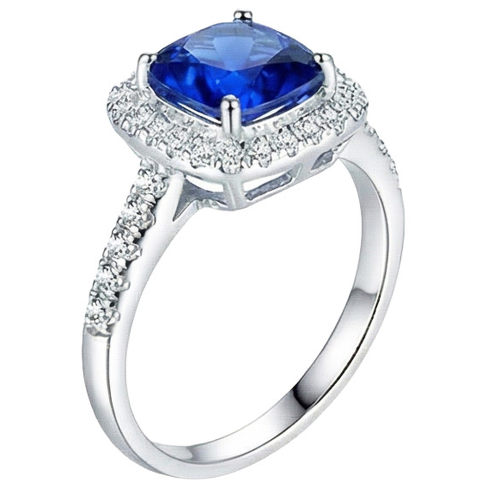 Anello con cuscino 4,30 carati zaffiro blu di Ceylon e diamanti tondi in oro bianco 14K