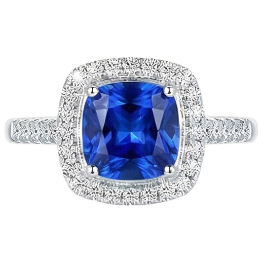 Anello con cuscino 4,30 carati zaffiro blu di Ceylon e diamanti tondi in oro bianco 14K