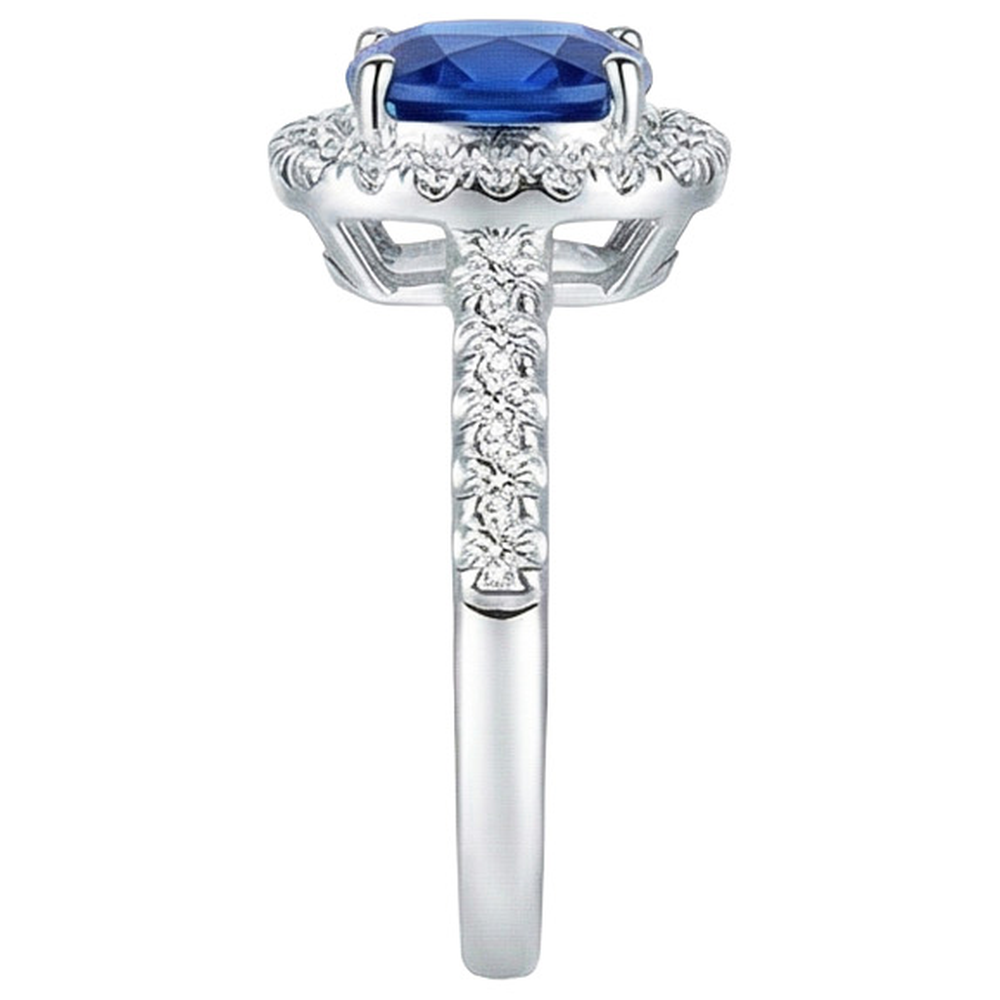 Anello con cuscino 4,30 carati zaffiro blu di Ceylon e diamanti tondi in oro bianco 14K