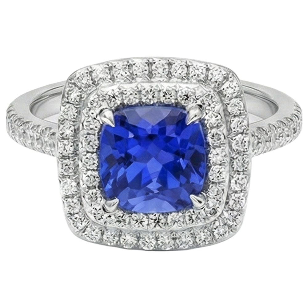 Anello con cuscino Halo da 15 ct. Tanzanite e diamanti in oro bianco 14K
