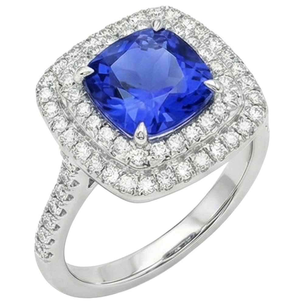 Anello con cuscino Halo da 15 ct. Tanzanite e diamanti in oro bianco 14K