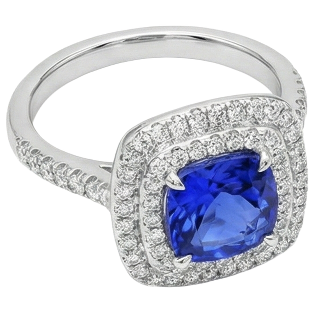 Anello con cuscino Halo da 15 ct. Tanzanite e diamanti in oro bianco 14K