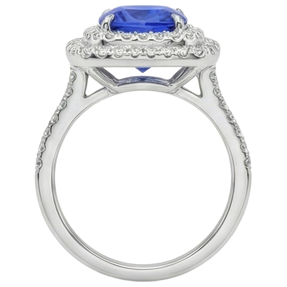 Anello con cuscino Halo da 15 ct. Tanzanite e diamanti in oro bianco 14K