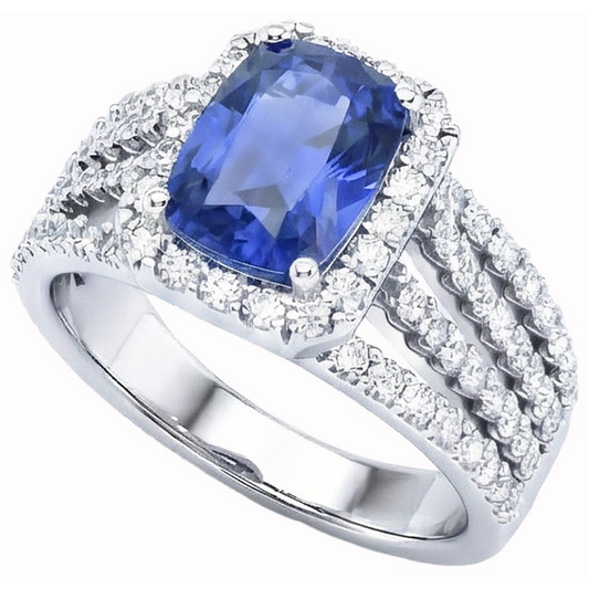Anello con cuscino da 5,50 carati e zaffiro Ceylon rotondo con diamanti WG 14K