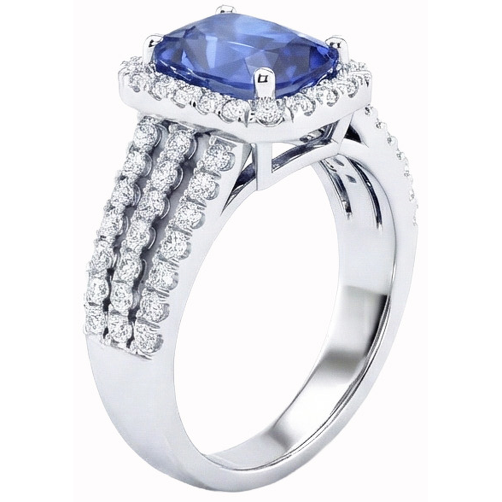 Anello con cuscino da 5,50 carati e zaffiro Ceylon rotondo con diamanti WG 14K