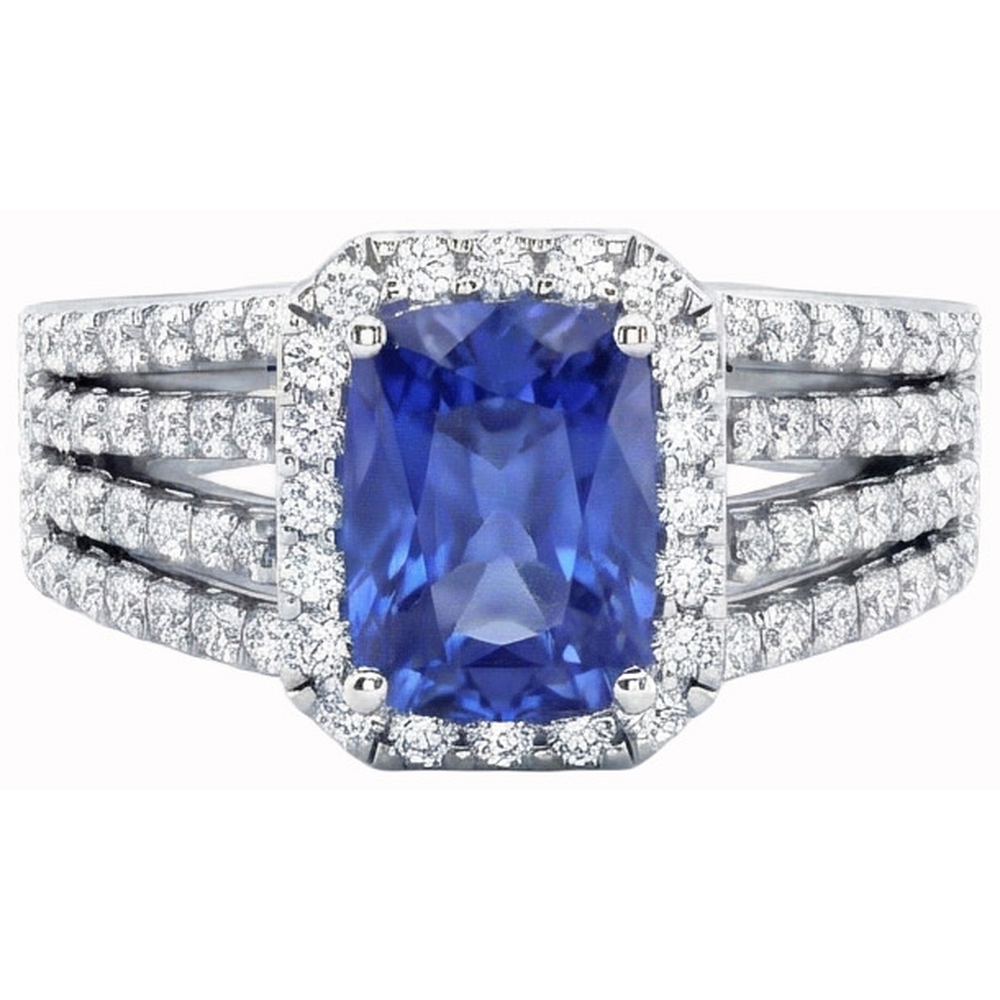 Anello con cuscino da 5,50 carati e zaffiro Ceylon rotondo con diamanti WG 14K